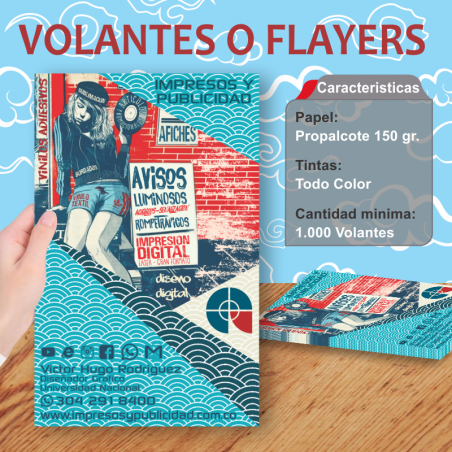 Diseño de Volantes publicitarios todo color, flayers, características en papel propalcote 150 gr